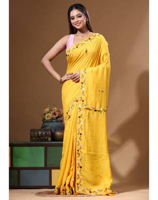 Mustard yellow pure linen with kantha work saree with blouse piece 1