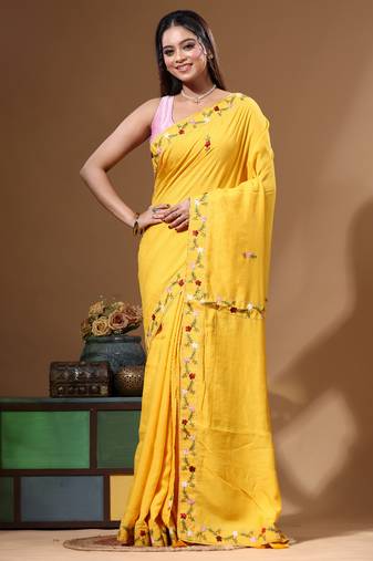Mustard yellow pure linen with kantha work saree with blouse piece