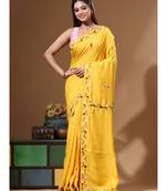 Mustard yellow pure linen with kantha work saree with blouse piece