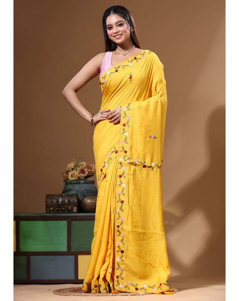 Mustard yellow pure linen with kantha work saree with blouse piece