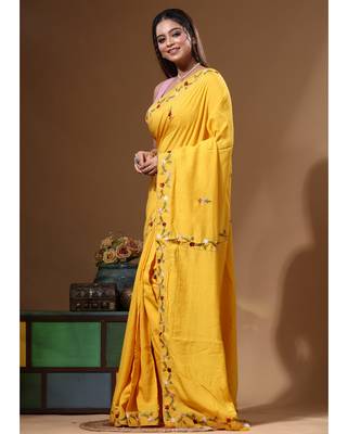 Mustard yellow pure linen with kantha work saree with blouse piece 2