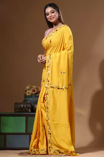 Mustard yellow pure linen with kantha work saree with blouse piece