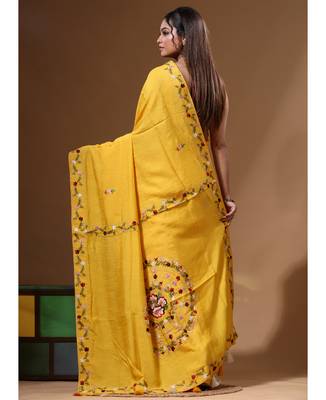 Mustard yellow pure linen with kantha work saree with blouse piece 3