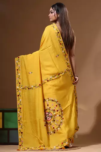 Mustard yellow pure linen with kantha work saree with blouse piece