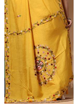 Mustard yellow pure linen with kantha work saree with blouse piece 4