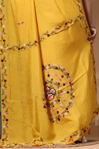 Mustard yellow pure linen with kantha work saree with blouse piece