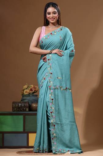 Teal blue pure linen with kantha work saree with blouse piece