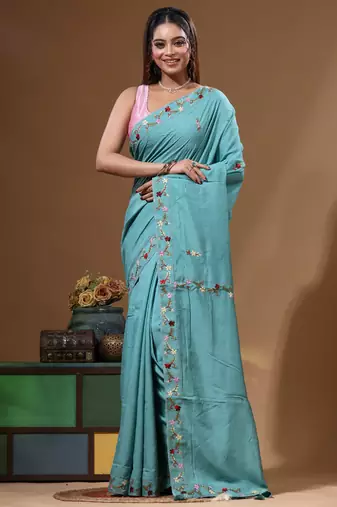 Teal blue pure linen with kantha work saree with blouse piece