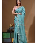 Teal blue pure linen with kantha work saree with blouse piece