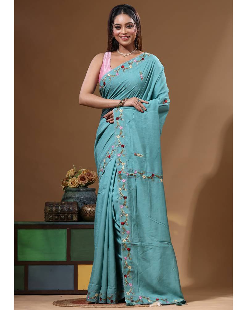 Teal blue pure linen with kantha work saree with blouse piece