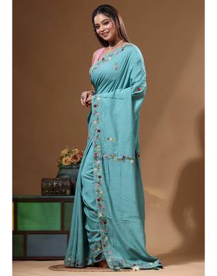 Teal blue pure linen with kantha work saree with blouse piece 2