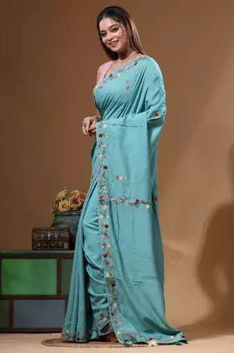 Teal blue pure linen with kantha work saree with blouse piece