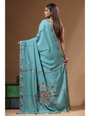 Teal blue pure linen with kantha work saree with blouse piece 3