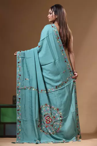 Teal blue pure linen with kantha work saree with blouse piece