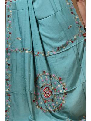 Teal blue pure linen with kantha work saree with blouse piece 4
