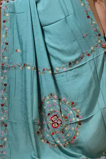 Teal blue pure linen with kantha work saree with blouse piece