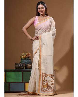 Beige supernet with kantha work saree with blouse piece 1