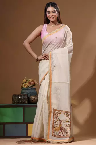 Beige supernet with kantha work saree with blouse piece
