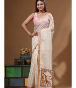 Beige supernet with kantha work saree with blouse piece