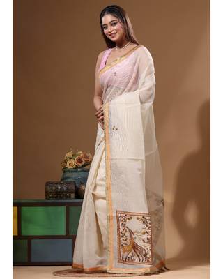 Beige supernet with kantha work saree with blouse piece 2