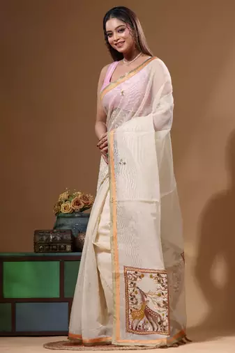 Beige supernet with kantha work saree with blouse piece