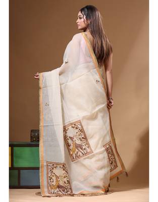 Beige supernet with kantha work saree with blouse piece 3