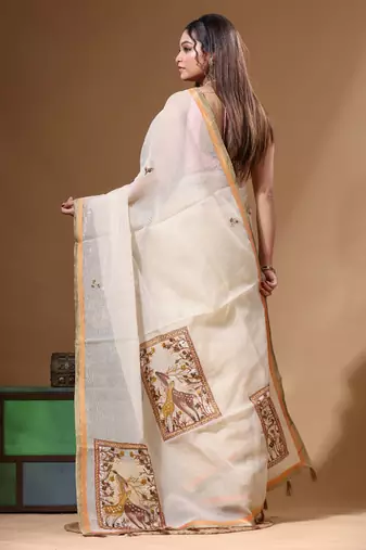 Beige supernet with kantha work saree with blouse piece
