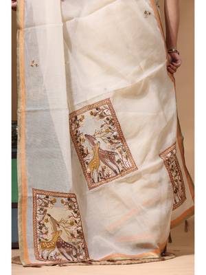 Beige supernet with kantha work saree with blouse piece 4