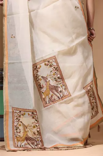 Beige supernet with kantha work saree with blouse piece