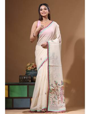 Beige supernet with kantha work saree with blouse piece 1