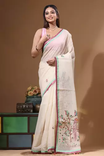 Beige supernet with kantha work saree with blouse piece