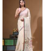 Beige supernet with kantha work saree with blouse piece