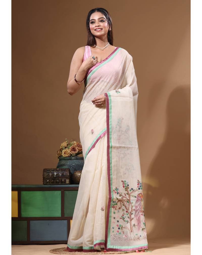 Beige supernet with kantha work saree with blouse piece