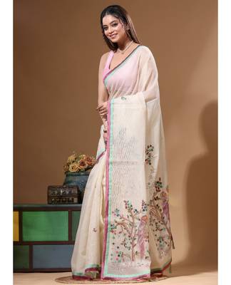 Beige supernet with kantha work saree with blouse piece 2