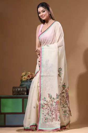 Beige supernet with kantha work saree with blouse piece