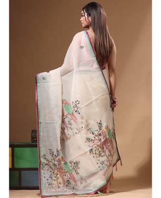 Beige supernet with kantha work saree with blouse piece 3