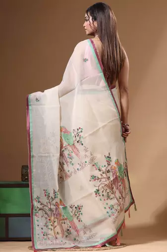 Beige supernet with kantha work saree with blouse piece