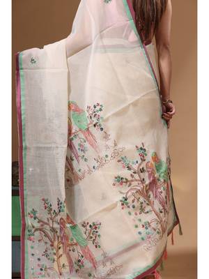 Beige supernet with kantha work saree with blouse piece 4
