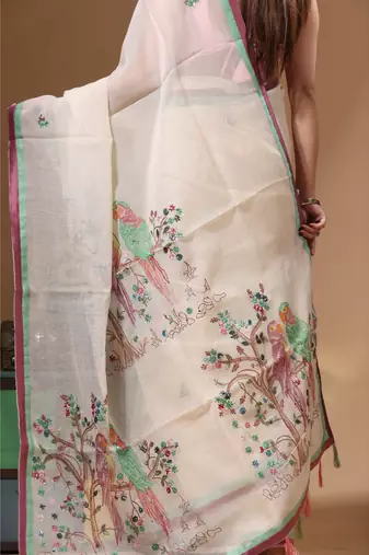 Beige supernet with kantha work saree with blouse piece