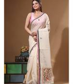 Beige supernet with kantha work saree with blouse piece