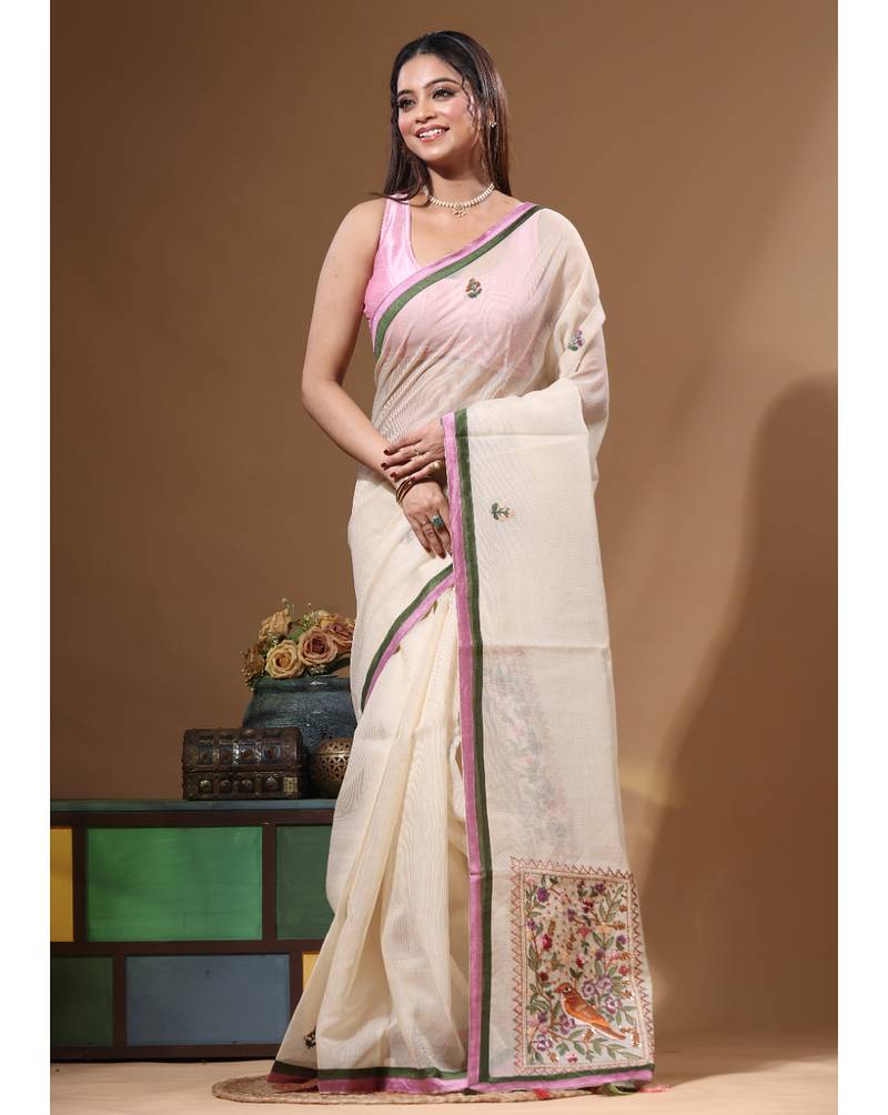 Beige supernet with kantha work saree with blouse piece