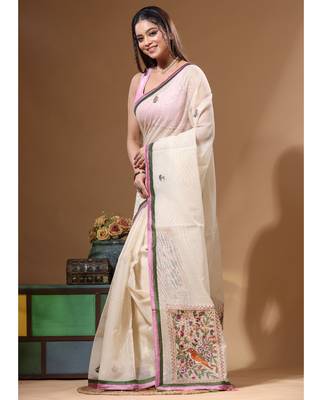 Beige supernet with kantha work saree with blouse piece 2