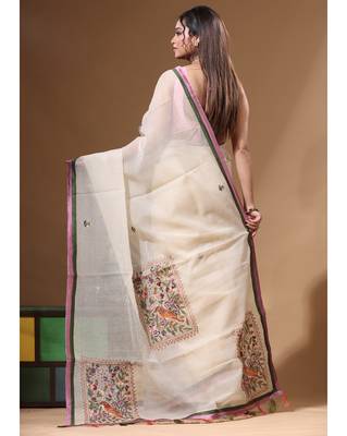 Beige supernet with kantha work saree with blouse piece 3