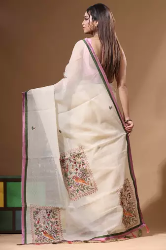 Beige supernet with kantha work saree with blouse piece