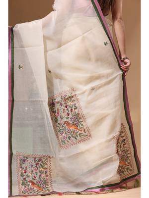 Beige supernet with kantha work saree with blouse piece 4