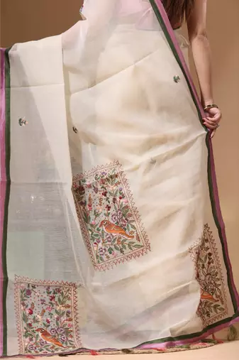 Beige supernet with kantha work saree with blouse piece
