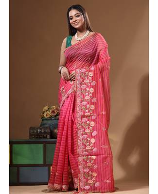Rani pink supernet with embroidery saree with blouse piece 1
