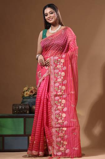 Rani pink supernet with embroidery saree with blouse piece