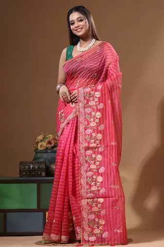 Rani pink supernet with embroidery saree with blouse piece
