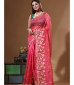 Rani pink supernet with embroidery saree with blouse piece